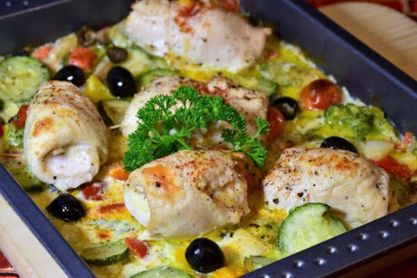 chicken, roulades, vegetables